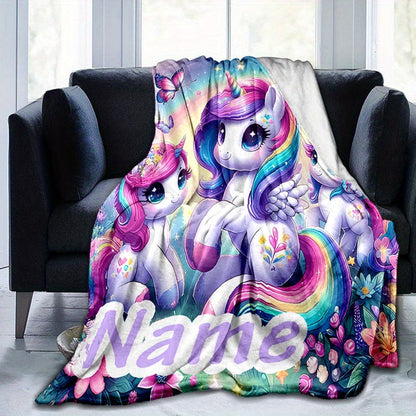 Soft, warm, and cozy blanket featuring a personalized unicorn and floral design with custom name. Ideal for naps, camping, and travel, making it the perfect gift for family and loved ones.