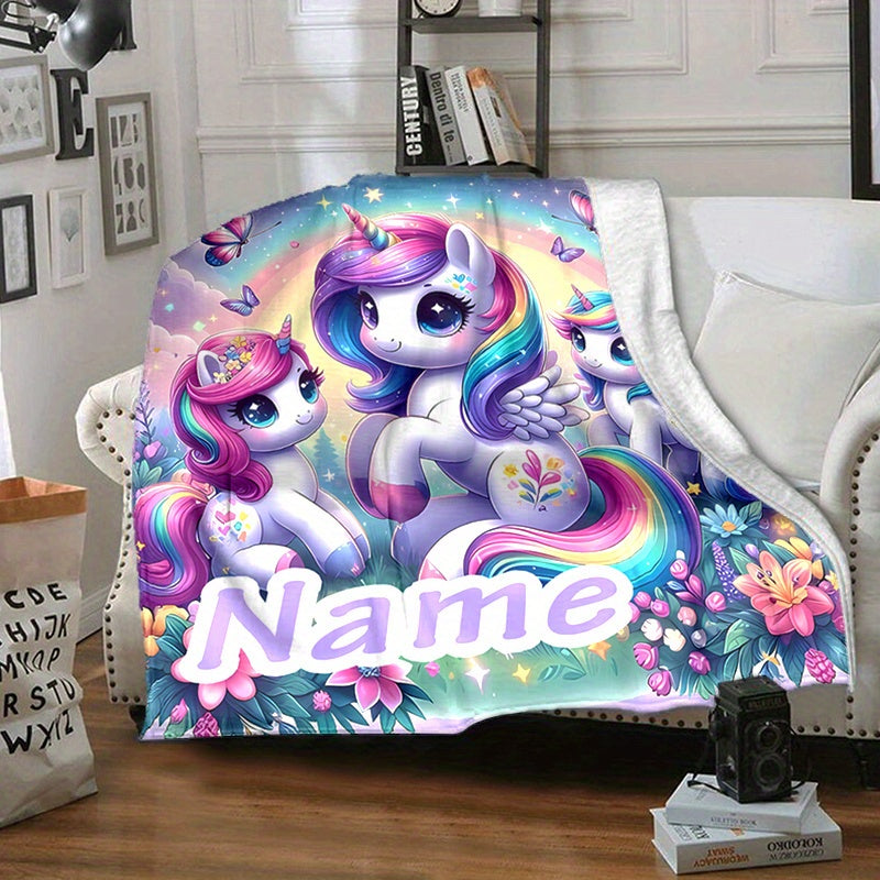 Soft, warm, and cozy blanket featuring a personalized unicorn and floral design with custom name. Ideal for naps, camping, and travel, making it the perfect gift for family and loved ones.