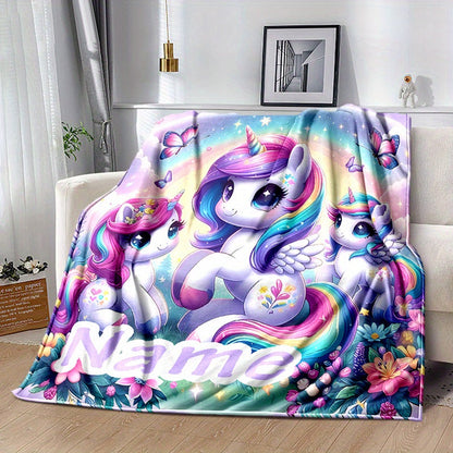 Soft, warm, and cozy blanket featuring a personalized unicorn and floral design with custom name. Ideal for naps, camping, and travel, making it the perfect gift for family and loved ones.