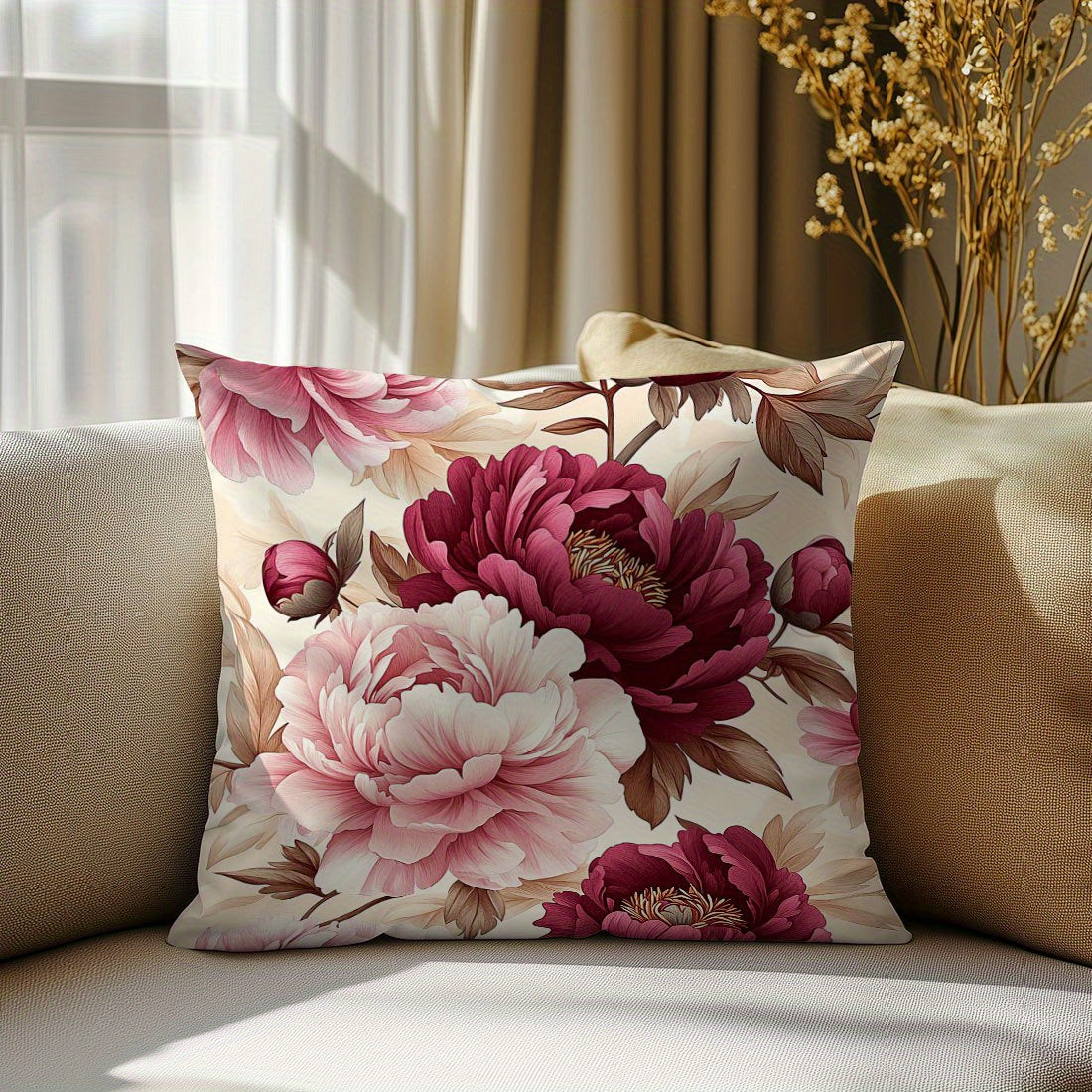 1 piece Floral Peony Print Polyester Pillow Cover, 44.98x44.98 cm, Zipper Closure, Hypoallergenic, Machine Washable, Elegant Sofa Bedroom Decor, Insert Not Included