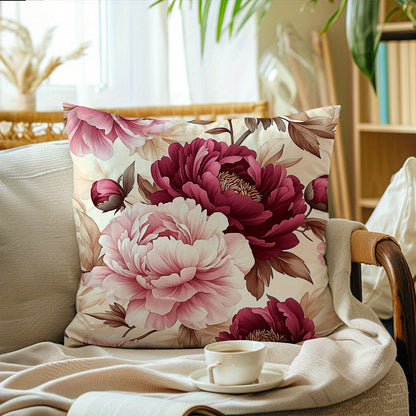 1 piece Floral Peony Print Polyester Pillow Cover, 44.98x44.98 cm, Zipper Closure, Hypoallergenic, Machine Washable, Elegant Sofa Bedroom Decor, Insert Not Included