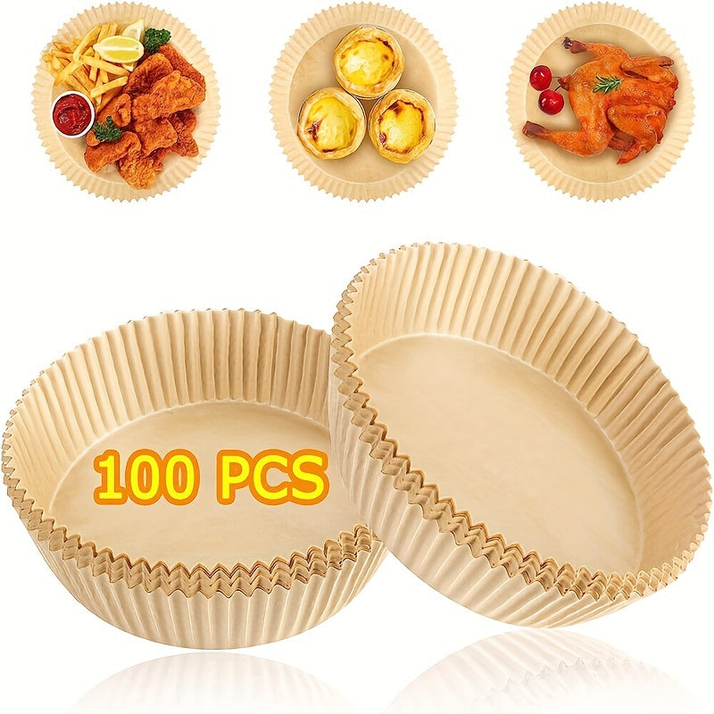 Air fryer parchment paper liners that are non-stick, come in packs of 100 or 50, and measure 16.0 cm each.