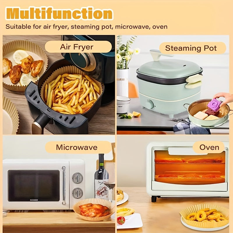 Air fryer parchment paper liners that are non-stick, come in packs of 100 or 50, and measure 16.0 cm each.