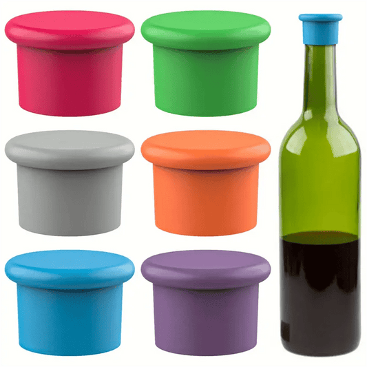 6 silicone wine stoppers for champagne & beer bottles, perfect for outdoor cooking, reusable & food-safe.