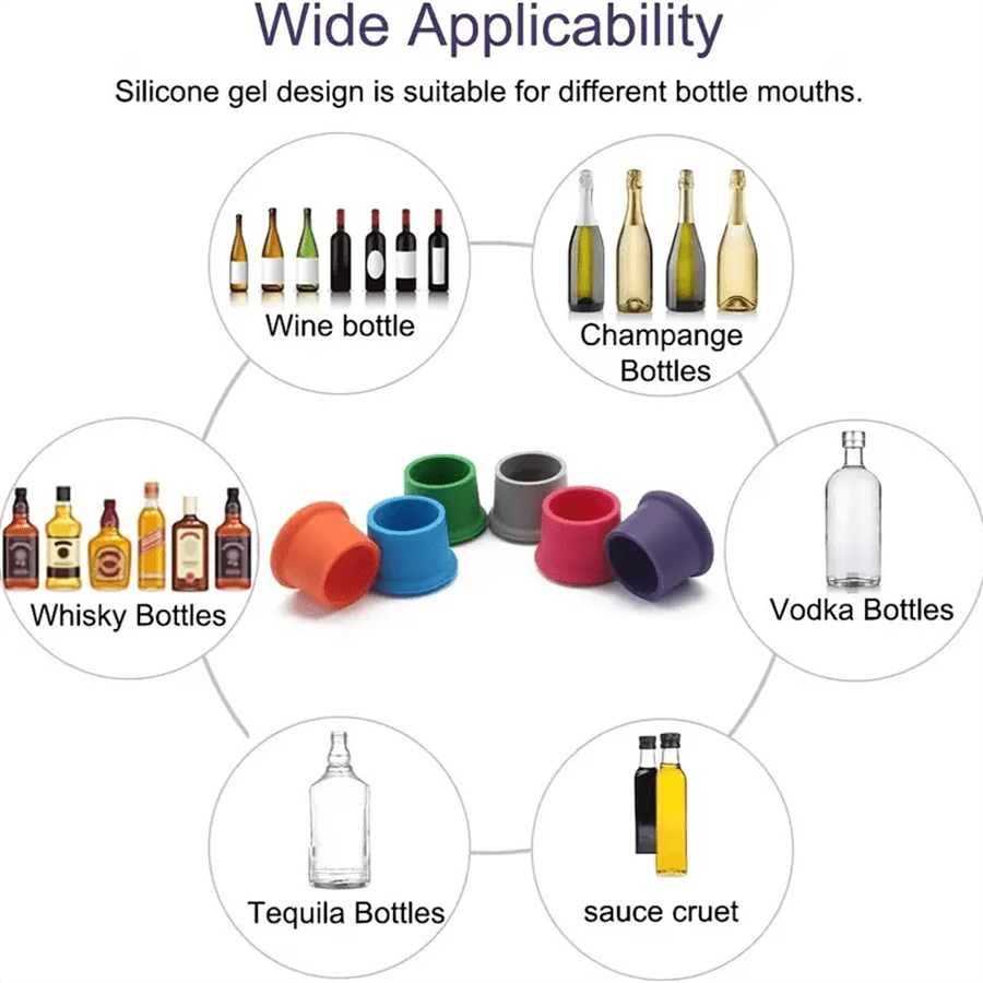 6 silicone wine stoppers for champagne & beer bottles, perfect for outdoor cooking, reusable & food-safe.