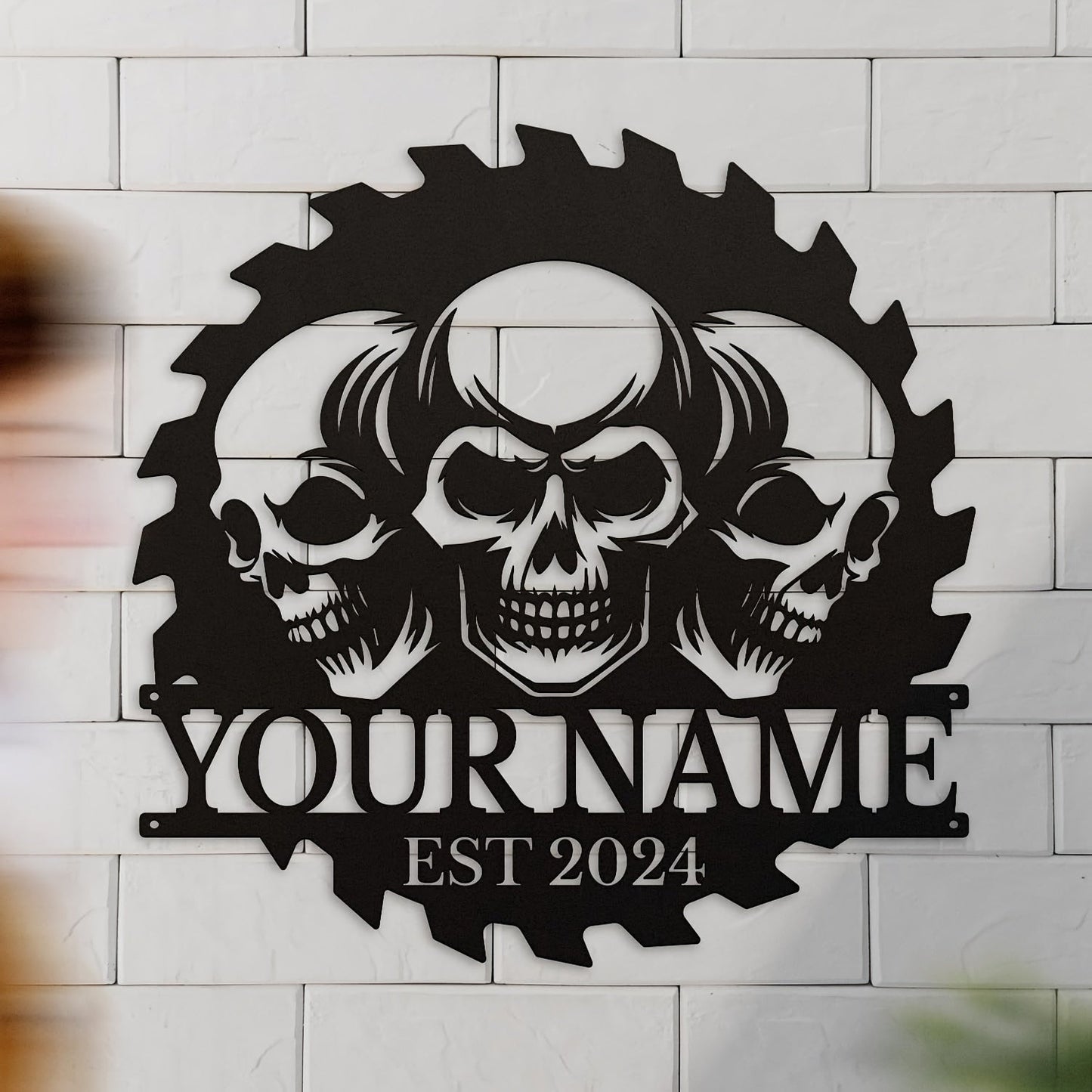 Unique Wall Art for Adults 14+" - Black Iron Customized Skull Gear Metal Door Hanger with Personalized Name & Established Year, Perfect for Home, Garage, Shop - Decorative Sign