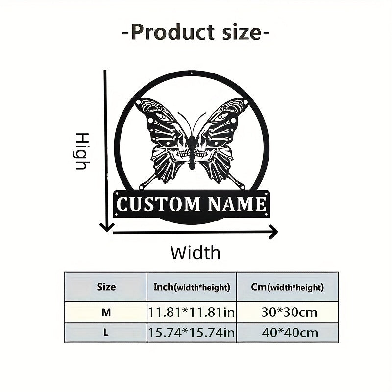 Personalized Iron Metal Sign - Custom Butterfly Skull Wall Art with Nameplate for Home Decor, Gothic Room Accent, Ideal for Ages 14 and Up - Black Skeleton Butterfly Design