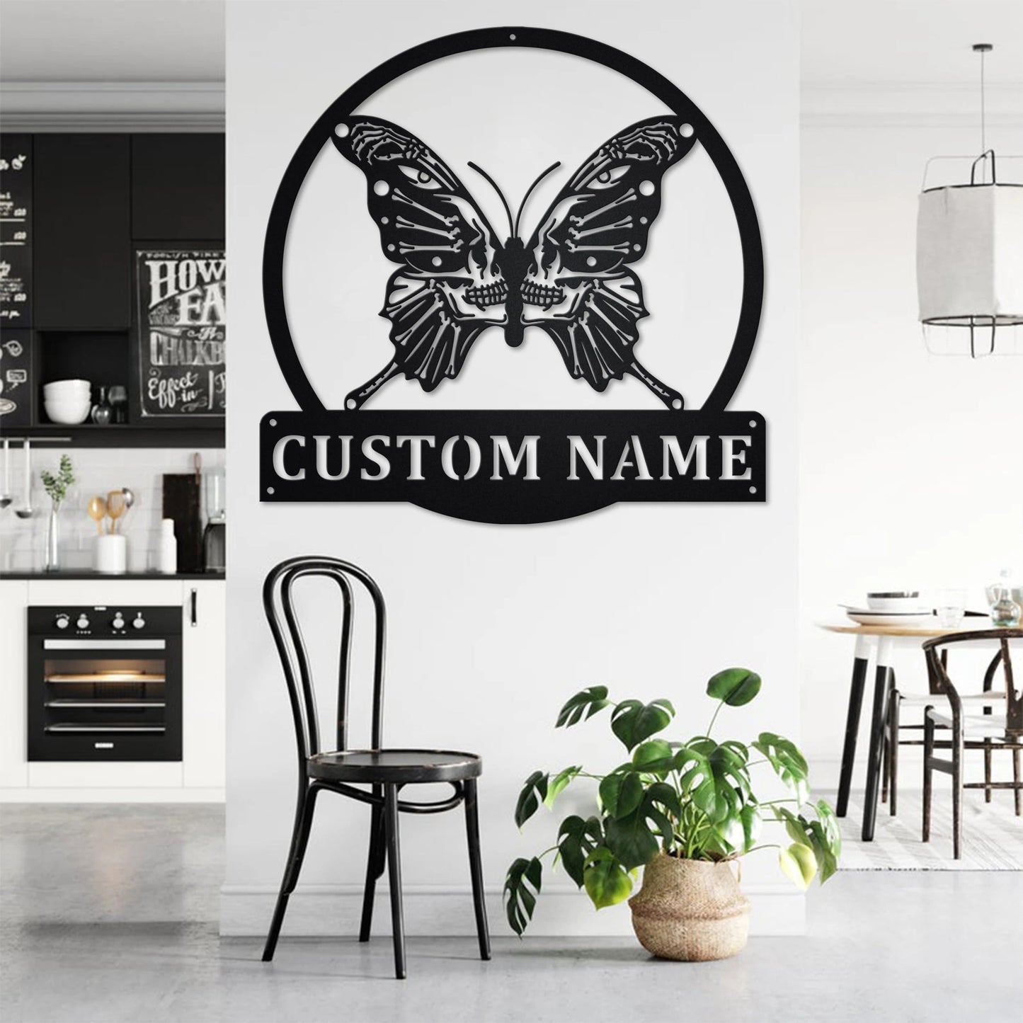 Personalized Iron Metal Sign - Custom Butterfly Skull Wall Art with Nameplate for Home Decor, Gothic Room Accent, Ideal for Ages 14 and Up - Black Skeleton Butterfly Design