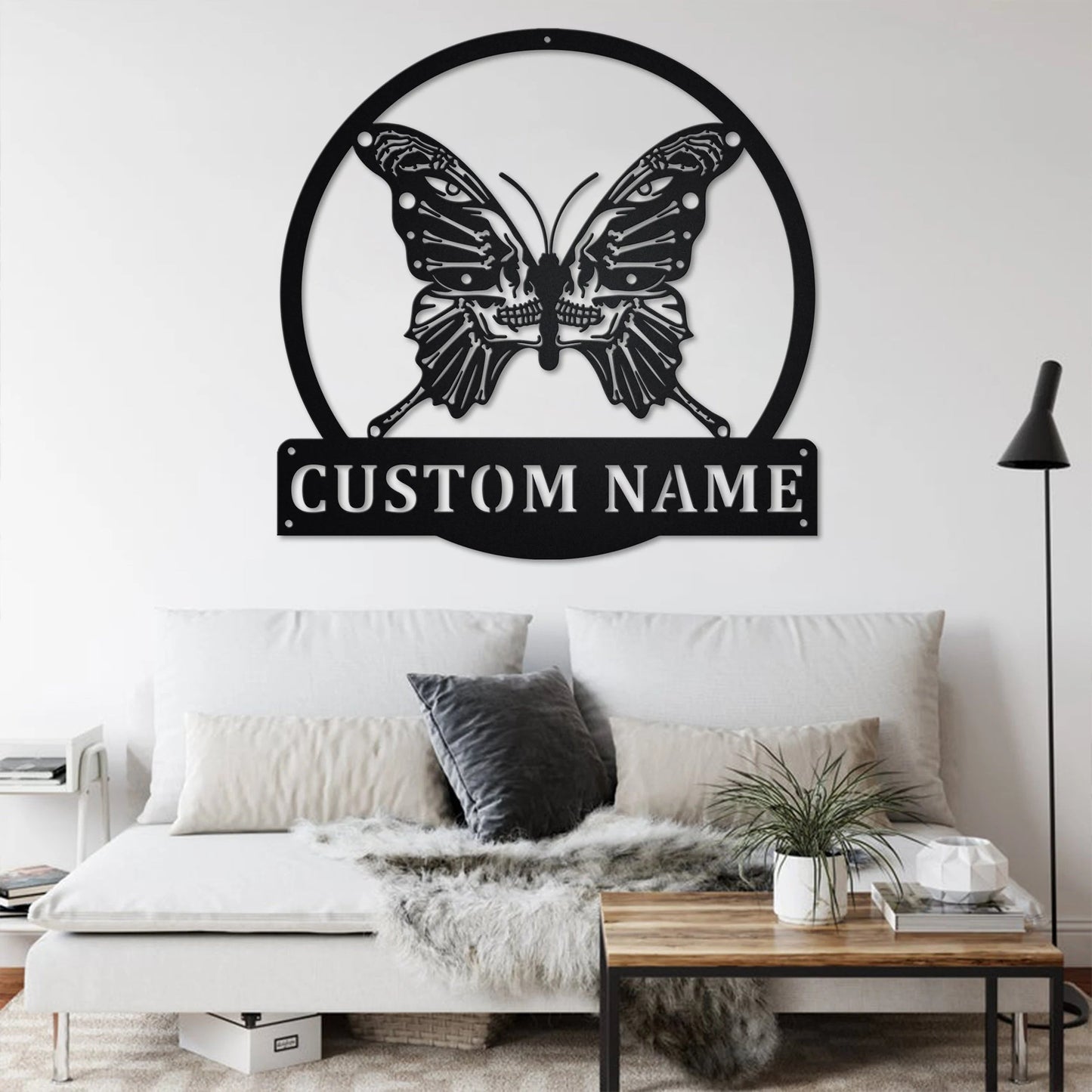 Personalized Iron Metal Sign - Custom Butterfly Skull Wall Art with Nameplate for Home Decor, Gothic Room Accent, Ideal for Ages 14 and Up - Black Skeleton Butterfly Design