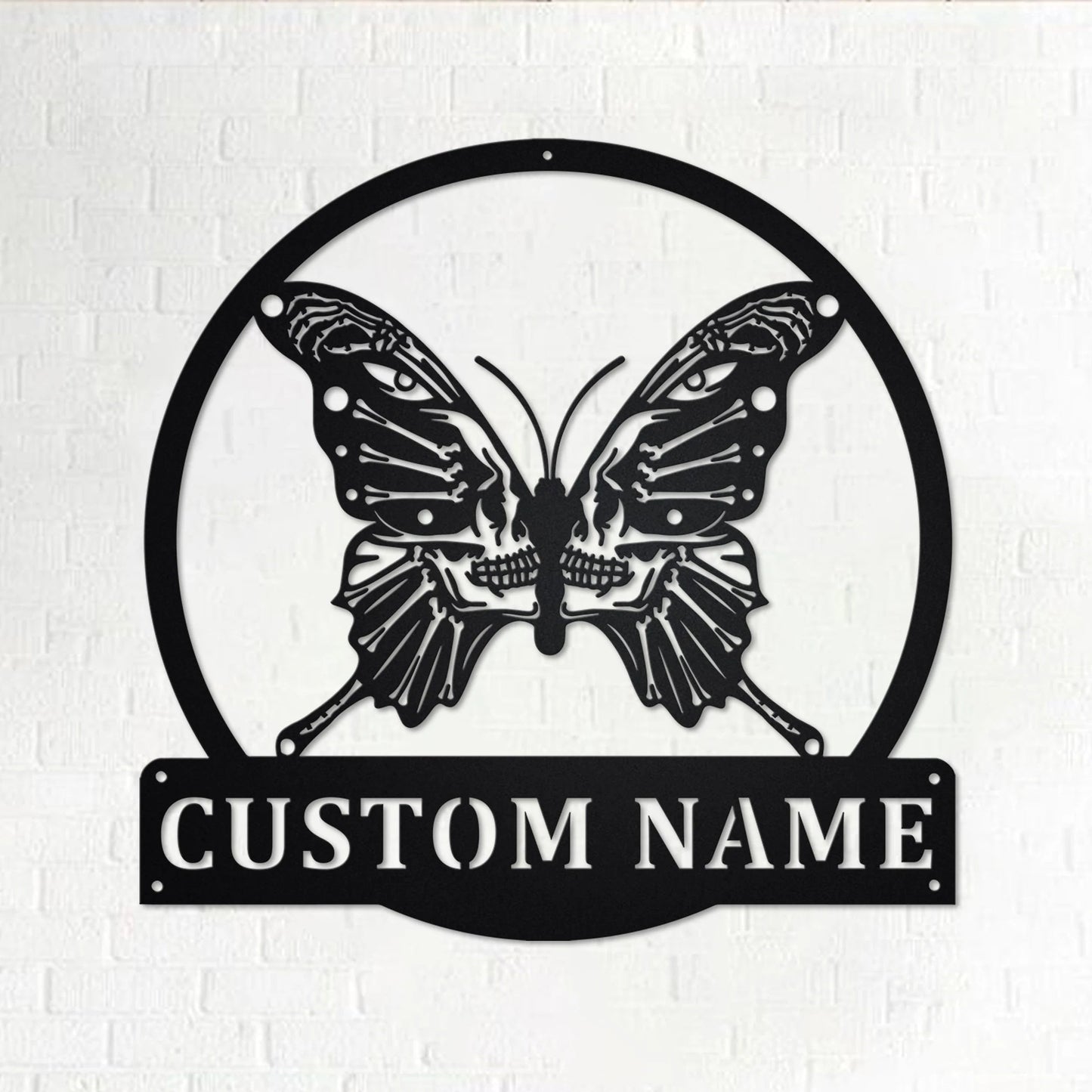 Personalized Iron Metal Sign - Custom Butterfly Skull Wall Art with Nameplate for Home Decor, Gothic Room Accent, Ideal for Ages 14 and Up - Black Skeleton Butterfly Design