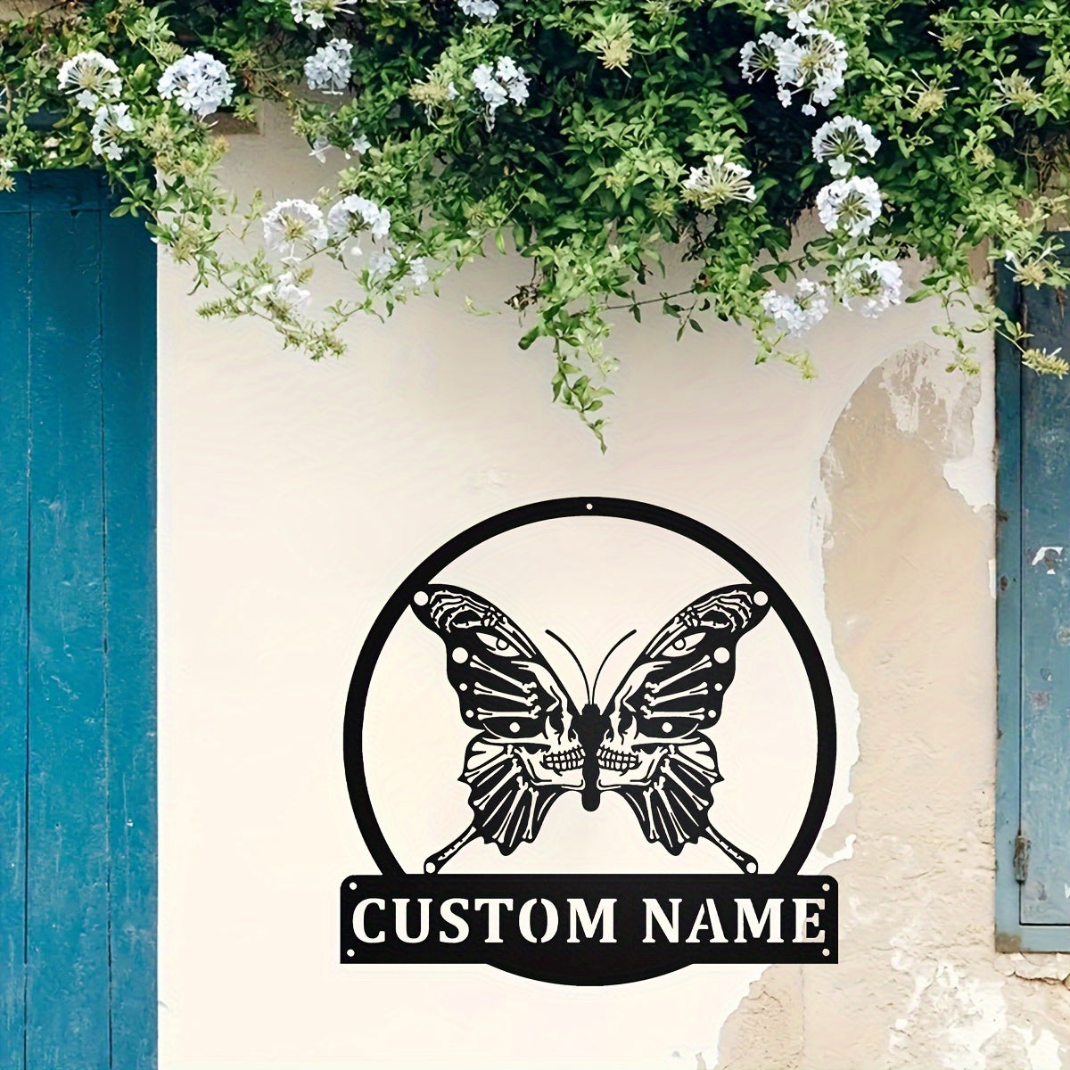 Personalized Iron Metal Sign - Custom Butterfly Skull Wall Art with Nameplate for Home Decor, Gothic Room Accent, Ideal for Ages 14 and Up - Black Skeleton Butterfly Design