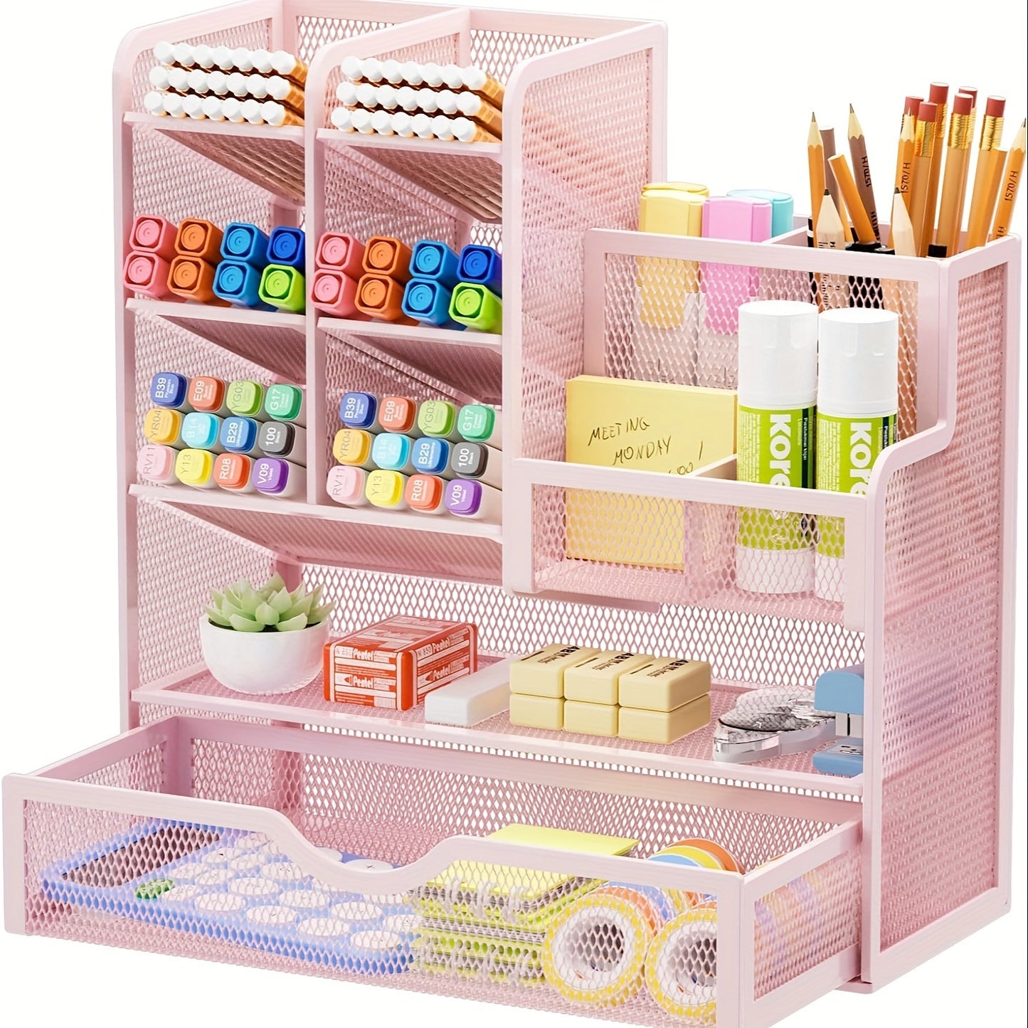 Iron mesh desk organizer with drawers for office supplies and stationery holder.