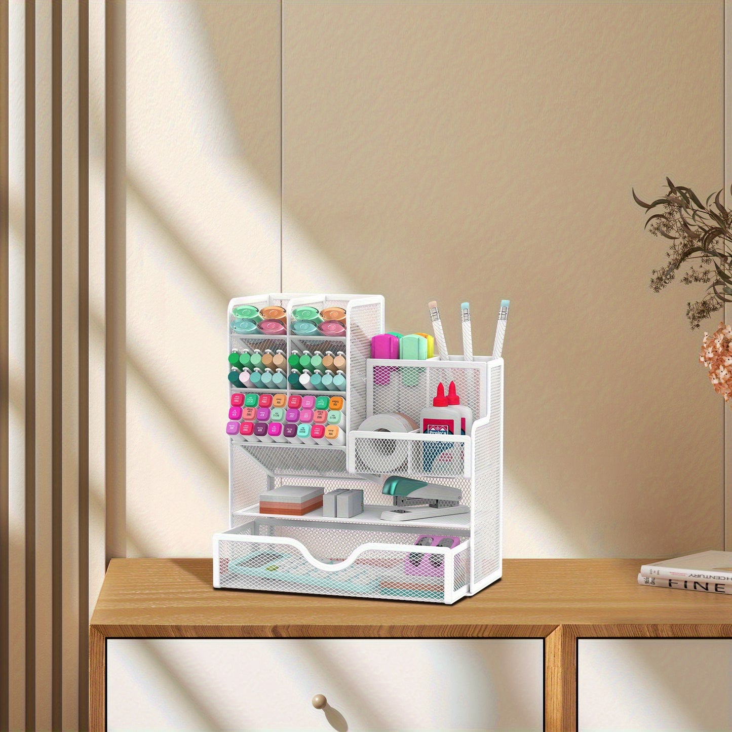 Iron mesh desk organizer with drawers for office supplies and stationery holder.