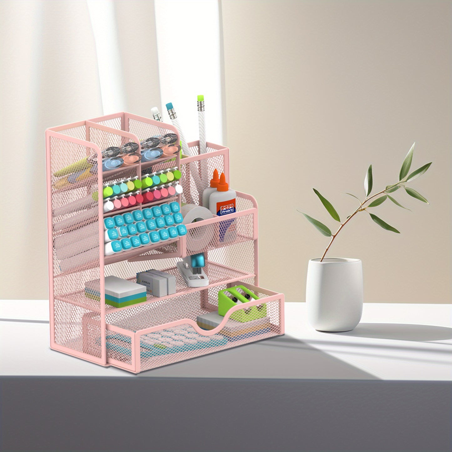 Iron mesh desk organizer with drawers for office supplies and stationery holder.