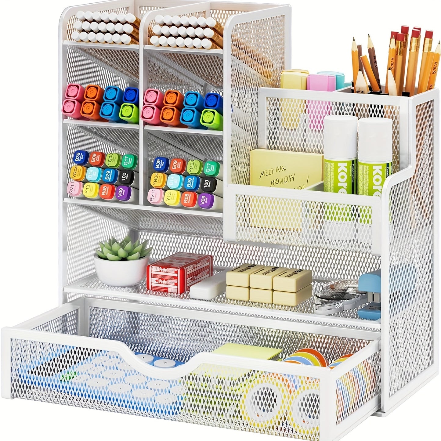 Iron mesh desk organizer with drawers for office supplies and stationery holder.