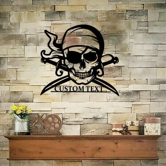 Vintage Nautical Decor - Custom Pirate Skull & Anchor Metal Wall Art in Black Iron for Home, Nursery, Halloween, or Door Hanging