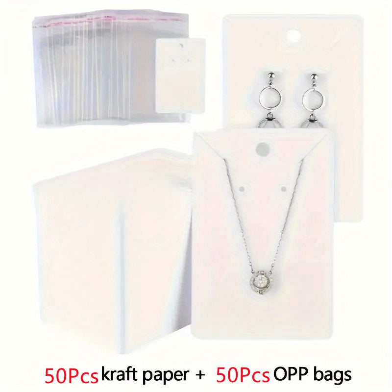 100 DIY handmade jewelry packaging bags for small accessories, keychains, earrings, headbands, and pendants. Includes necklace display stand card and self-adhesive packaging cards. Ideal