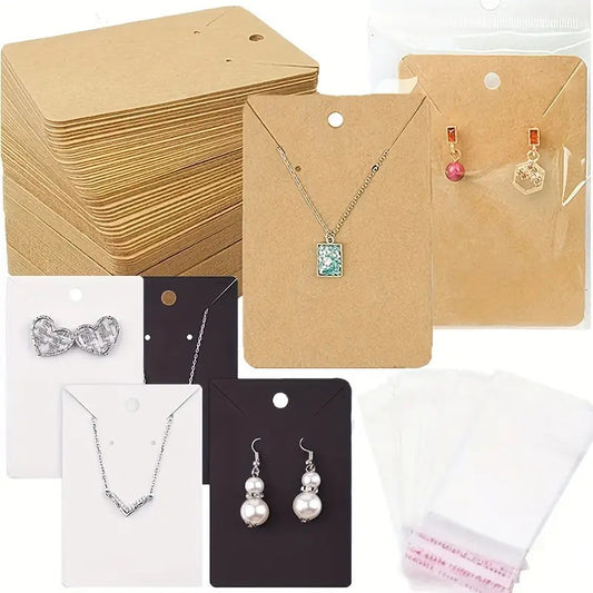 100 DIY handmade jewelry packaging bags for small accessories, keychains, earrings, headbands, and pendants. Includes necklace display stand card and self-adhesive packaging cards. Ideal