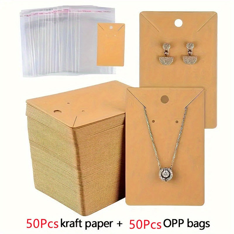 100 DIY handmade jewelry packaging bags for small accessories, keychains, earrings, headbands, and pendants. Includes necklace display stand card and self-adhesive packaging cards. Ideal