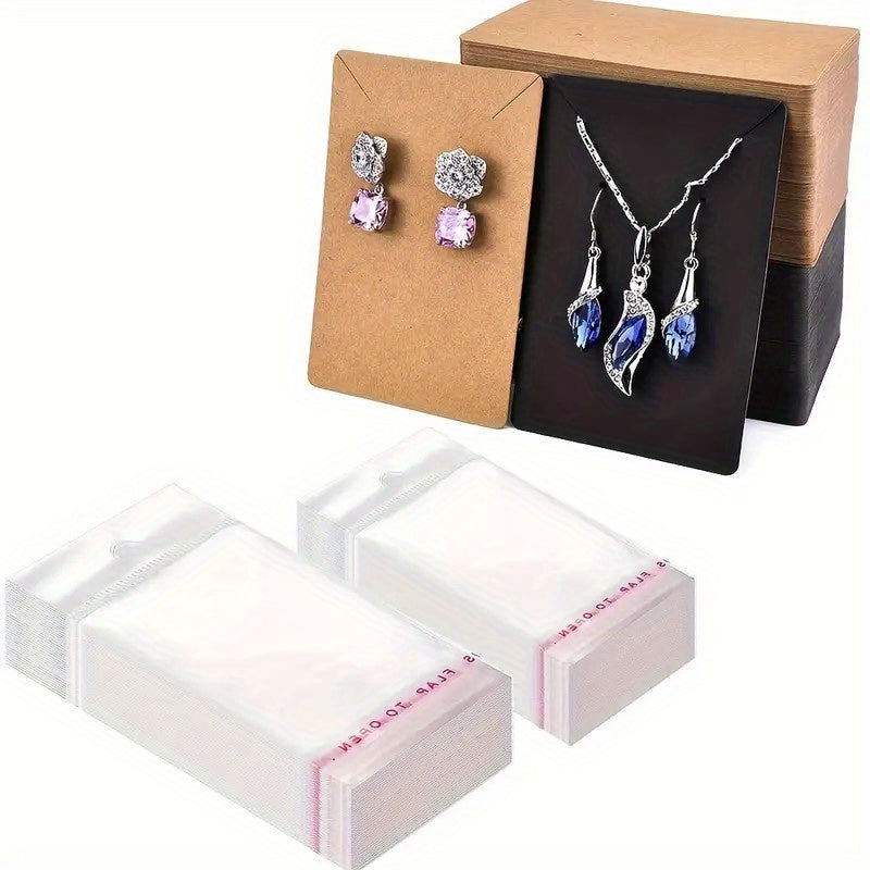 100 DIY handmade jewelry packaging bags for small accessories, keychains, earrings, headbands, and pendants. Includes necklace display stand card and self-adhesive packaging cards. Ideal