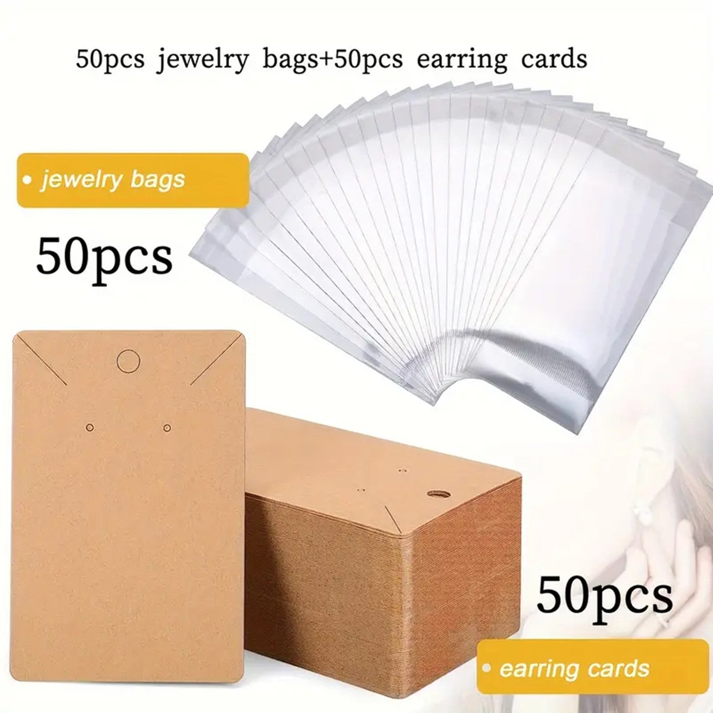 100 DIY handmade jewelry packaging bags for small accessories, keychains, earrings, headbands, and pendants. Includes necklace display stand card and self-adhesive packaging cards. Ideal