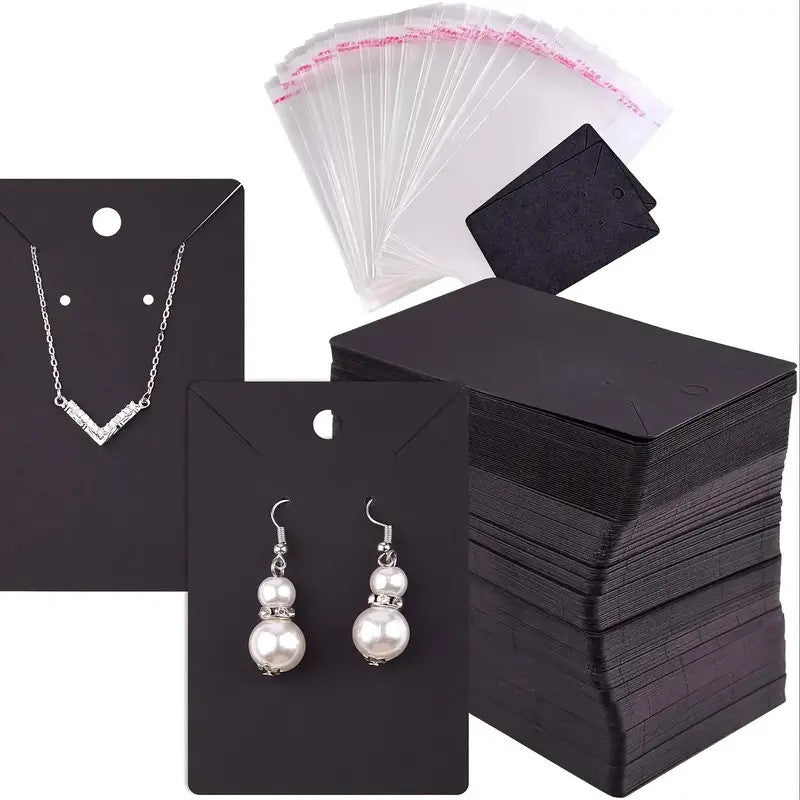 100 DIY handmade jewelry packaging bags for small accessories, keychains, earrings, headbands, and pendants. Includes necklace display stand card and self-adhesive packaging cards. Ideal