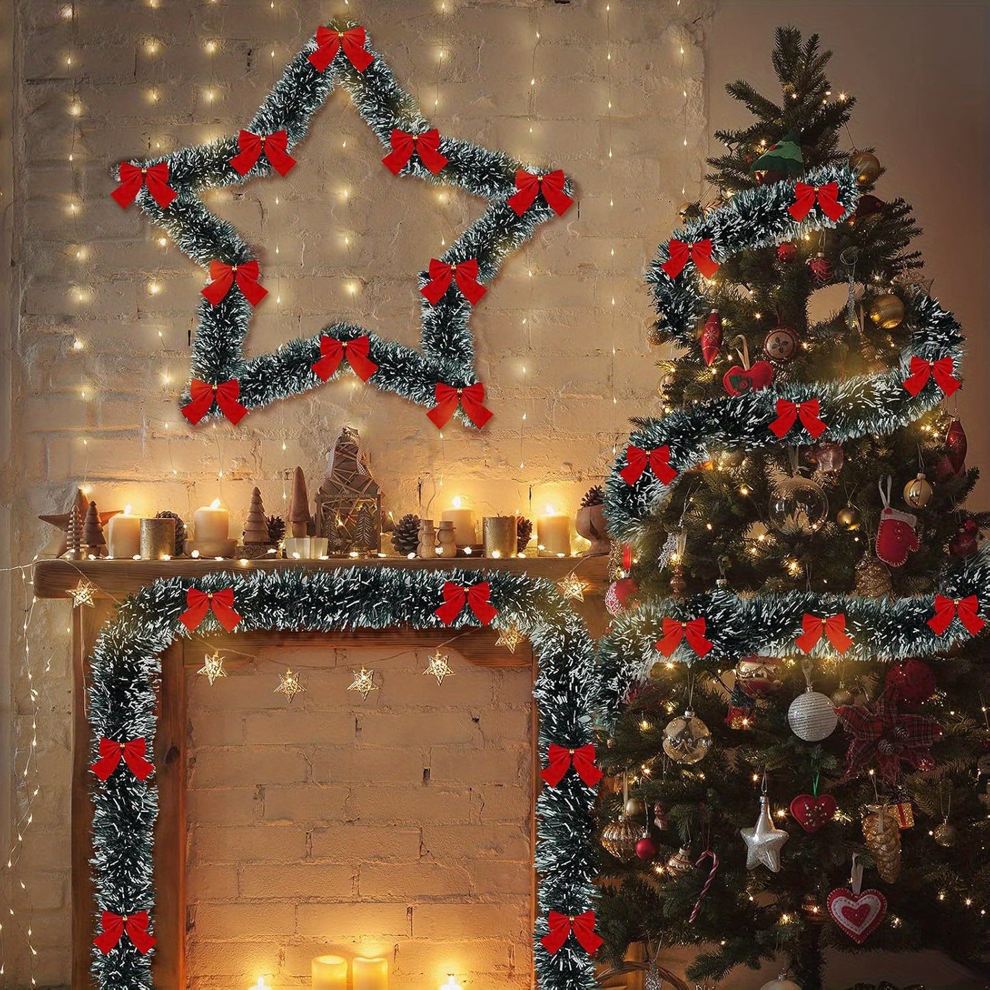 6.0 meter Christmas tinsel garland with bows made of plastic for indoor and outdoor decoration, suitable for fireplace, mantel, and staircase, without electricity or feathers.