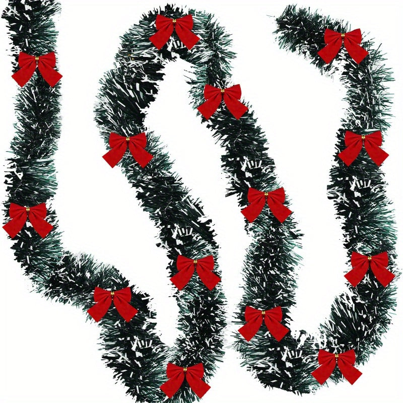 6.0 meter Christmas tinsel garland with bows made of plastic for indoor and outdoor decoration, suitable for fireplace, mantel, and staircase, without electricity or feathers.