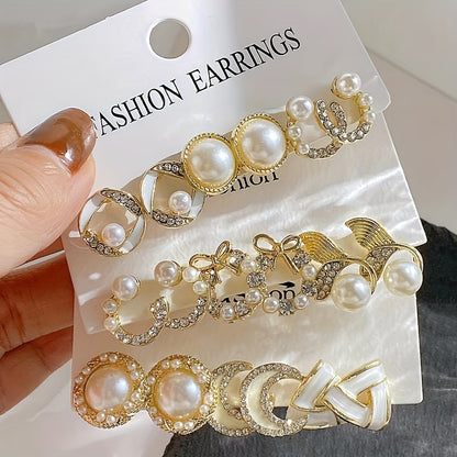 Luxury earrings set with moon, bowknot, and mermaid tail designs. Made of imitation pearl and zinc alloy, versatile for daily and party wear.