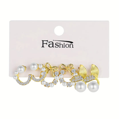 Luxury earrings set with moon, bowknot, and mermaid tail designs. Made of imitation pearl and zinc alloy, versatile for daily and party wear.