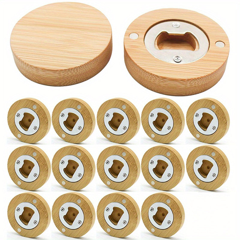 10 Bamboo Beer Bottle Openers with magnets for kitchen and home decor, great for weddings.