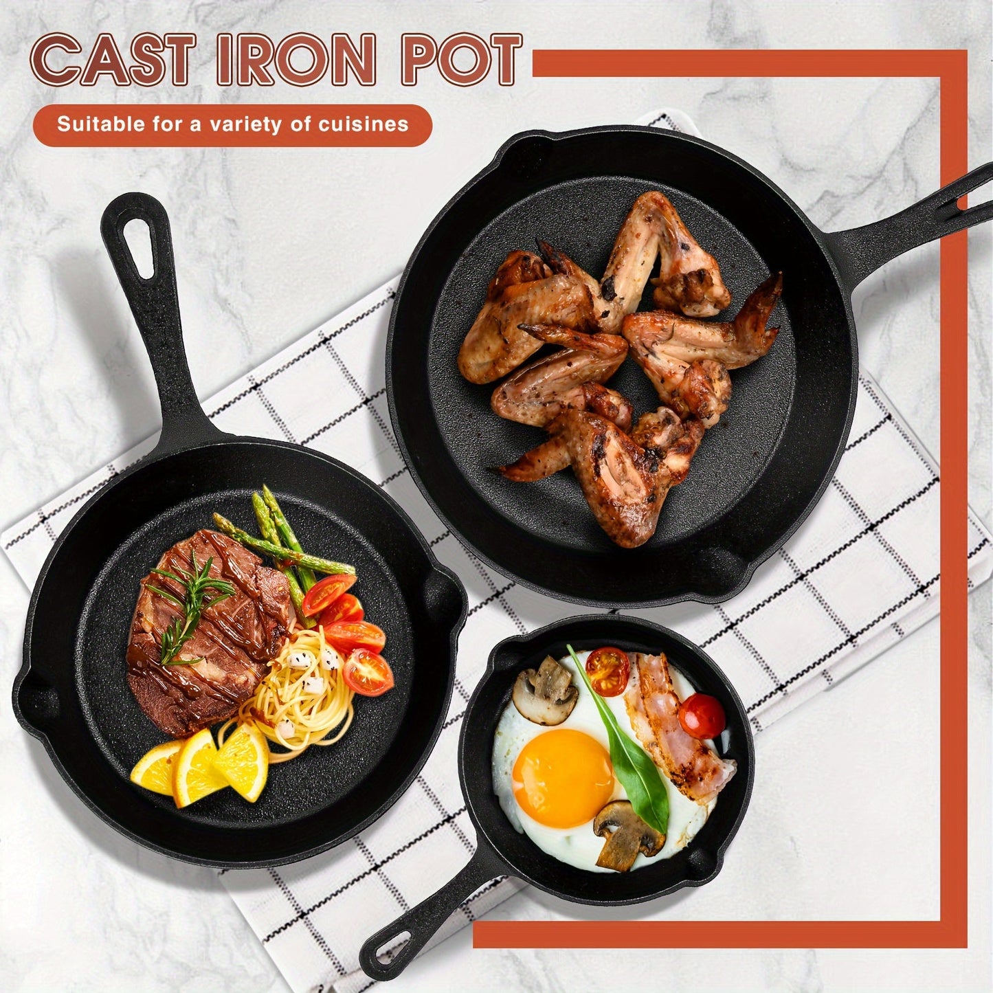 Set of 3 Cast Iron Skillets - Non-Stick Frying Pans with Single Handles for Home and Restaurant Cooking, Black Color