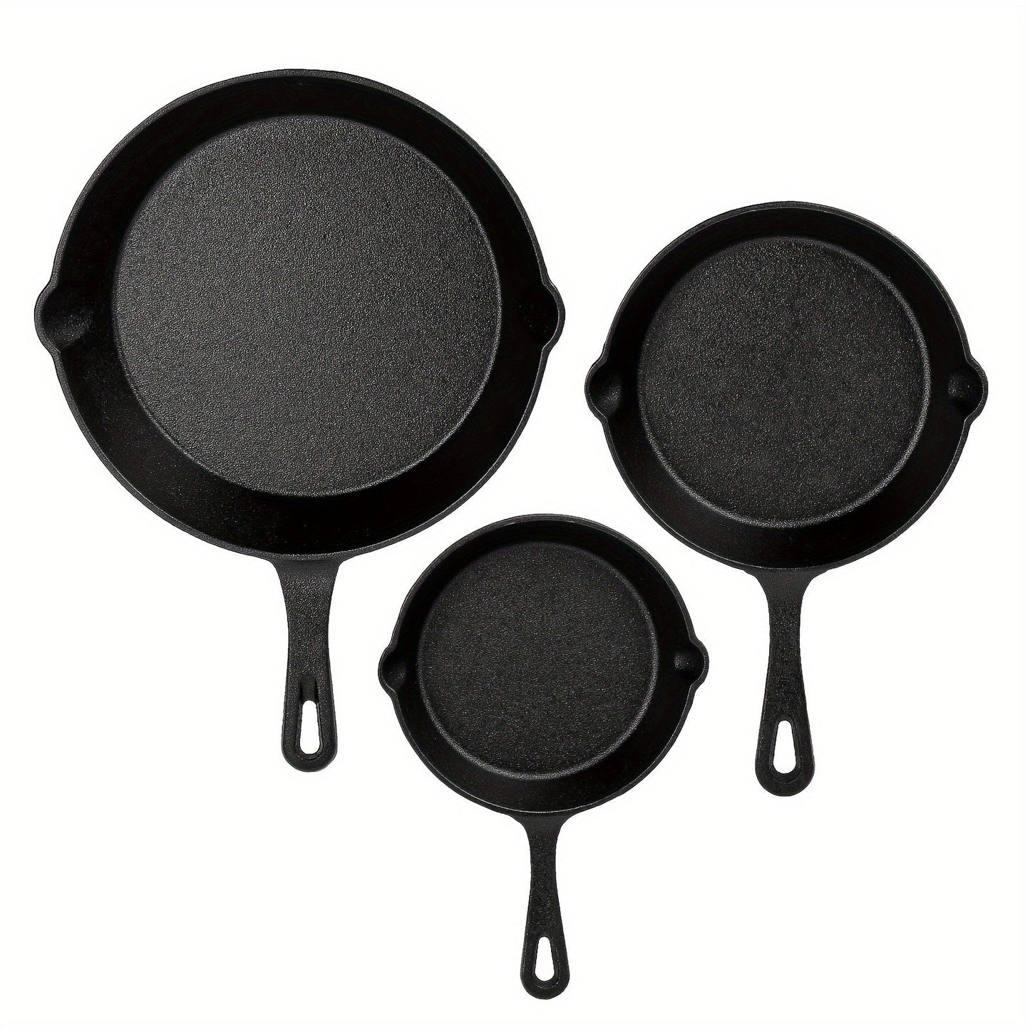 Set of 3 Cast Iron Skillets - Non-Stick Frying Pans with Single Handles for Home and Restaurant Cooking, Black Color