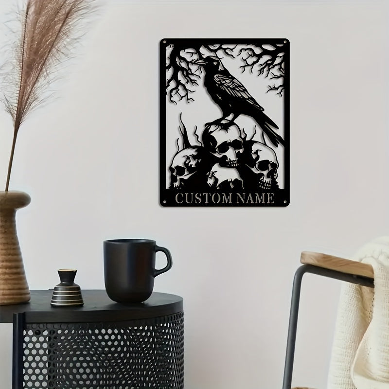 Personalized Boho Skull & Crow Metal Wall Art - Ideal for Decorating for Halloween, Valentine's Day, and Thanksgiving, Black Iron Hanging Decor for Living Room