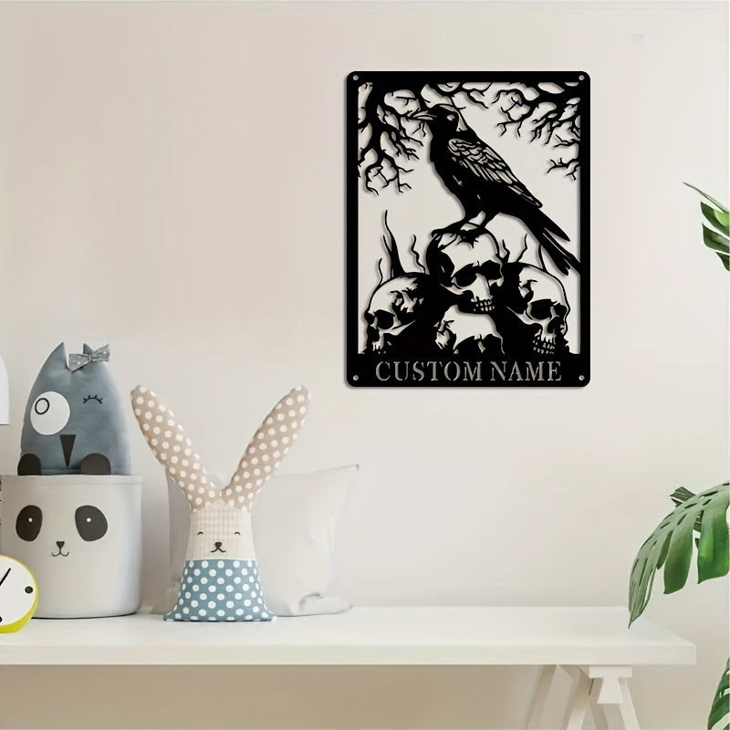 Personalized Boho Skull & Crow Metal Wall Art - Ideal for Decorating for Halloween, Valentine's Day, and Thanksgiving, Black Iron Hanging Decor for Living Room