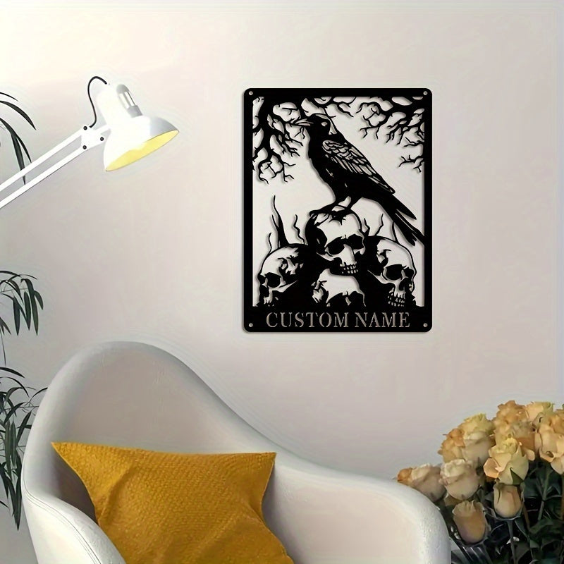 Personalized Boho Skull & Crow Metal Wall Art - Ideal for Decorating for Halloween, Valentine's Day, and Thanksgiving, Black Iron Hanging Decor for Living Room