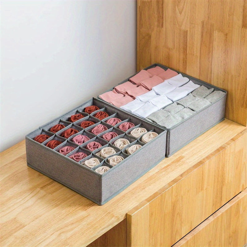 Foldable fabric storage organizer box with dividers for socks, underwear, and ties. Perfect for organizing your drawers and closet. Provides easy access and extraction.