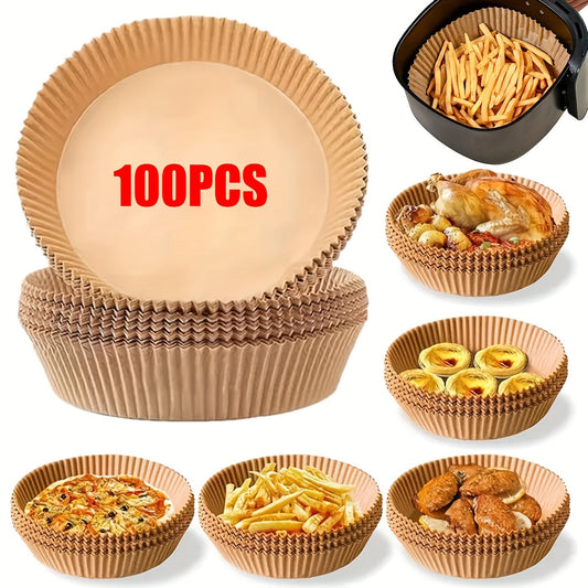 50 non-stick air fryer liners included in pack, each measuring 20.07cm round. These disposable parchment papers are designed for 5-8 quart baskets, unbleached and oil-resistant for easy cleaning and healthier cooking. Made with faux leather paper.