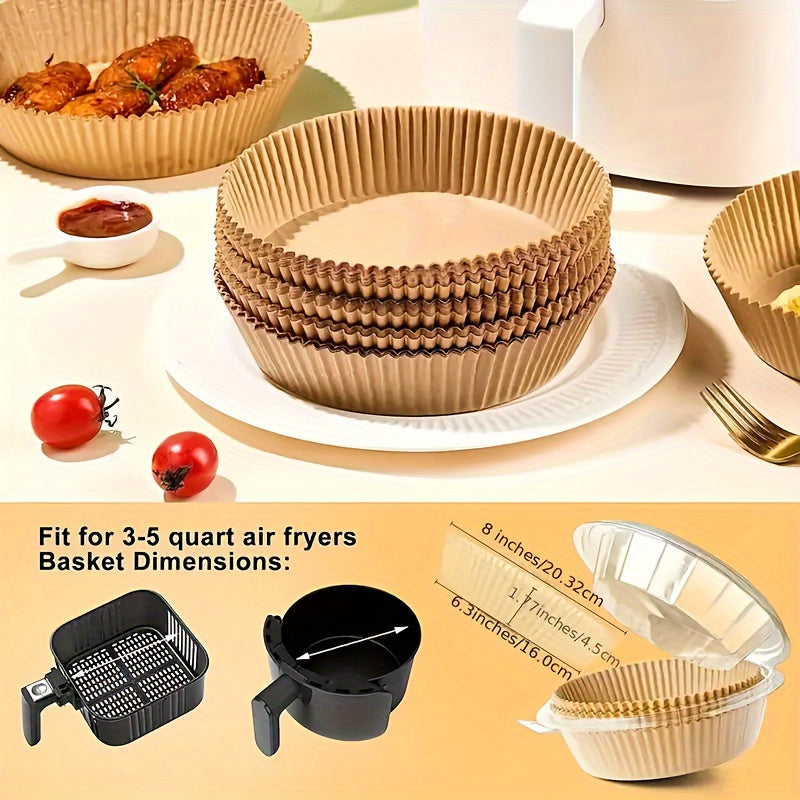 50 non-stick air fryer liners included in pack, each measuring 20.07cm round. These disposable parchment papers are designed for 5-8 quart baskets, unbleached and oil-resistant for easy cleaning and healthier cooking. Made with faux leather paper.