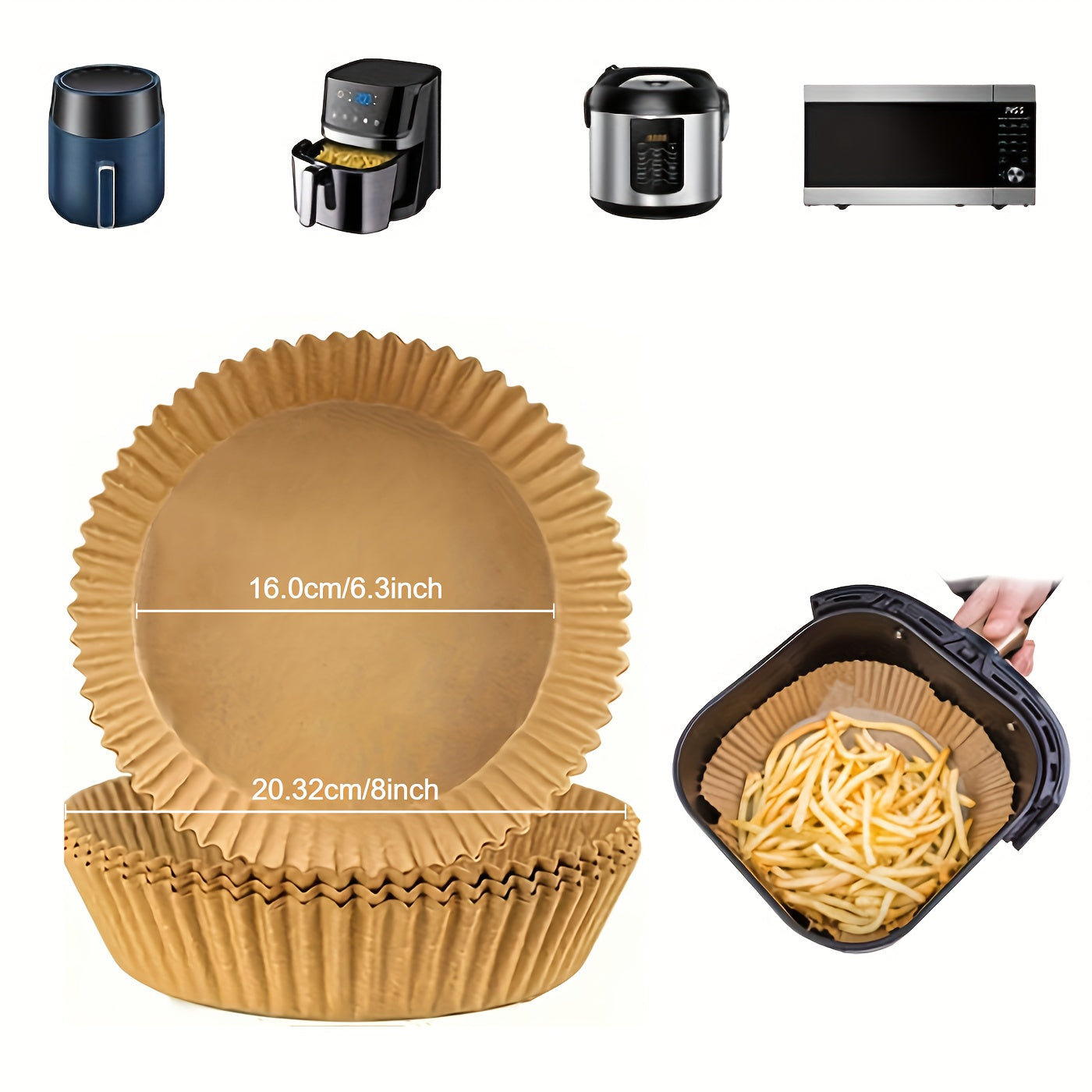 50 non-stick air fryer liners included in pack, each measuring 20.07cm round. These disposable parchment papers are designed for 5-8 quart baskets, unbleached and oil-resistant for easy cleaning and healthier cooking. Made with faux leather paper.