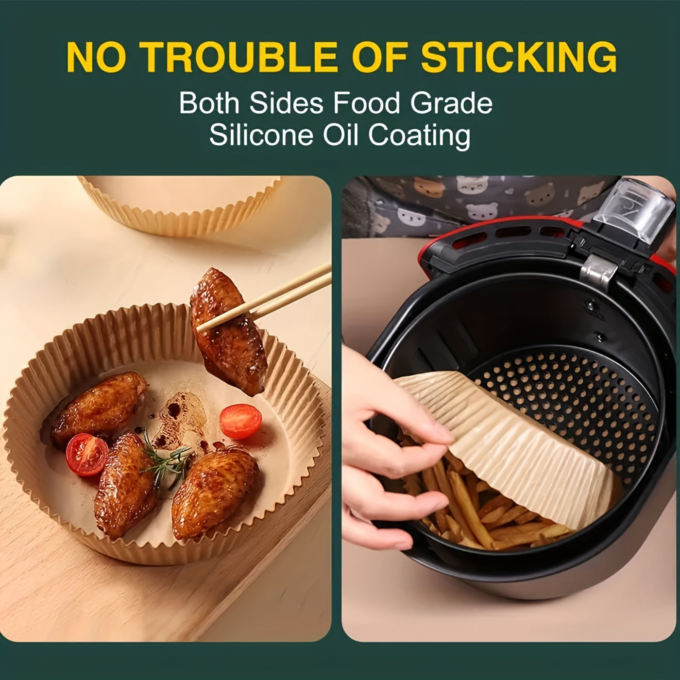 50 non-stick air fryer liners included in pack, each measuring 20.07cm round. These disposable parchment papers are designed for 5-8 quart baskets, unbleached and oil-resistant for easy cleaning and healthier cooking. Made with faux leather paper.