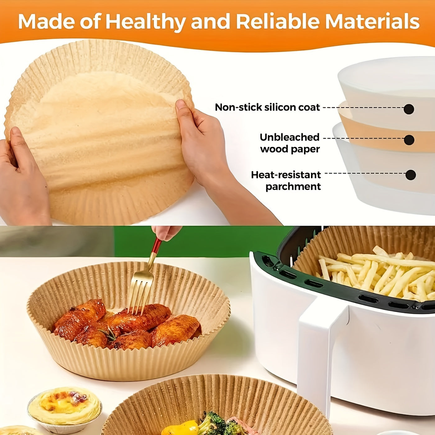 50 non-stick air fryer liners included in pack, each measuring 20.07cm round. These disposable parchment papers are designed for 5-8 quart baskets, unbleached and oil-resistant for easy cleaning and healthier cooking. Made with faux leather paper.