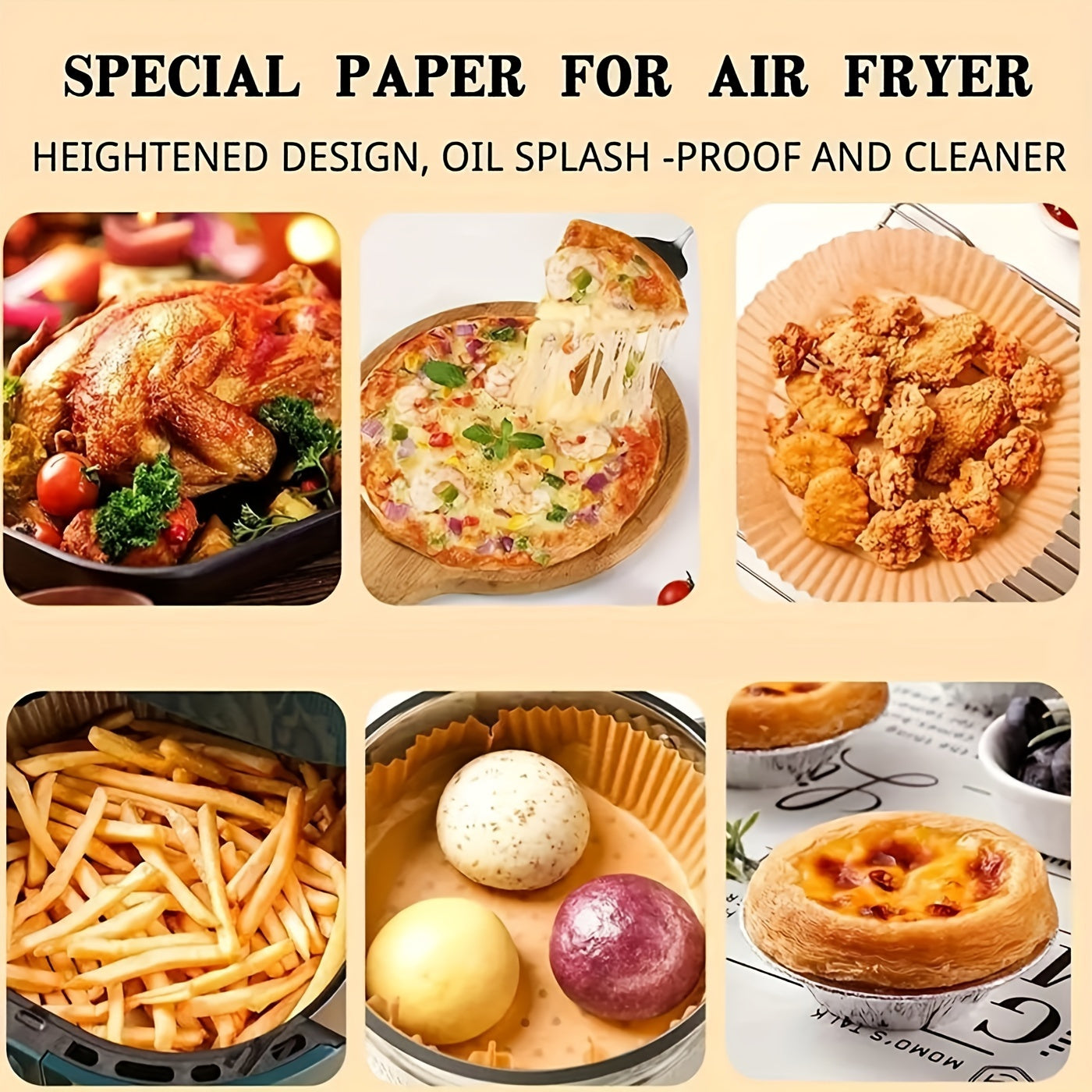 50 non-stick air fryer liners included in pack, each measuring 20.07cm round. These disposable parchment papers are designed for 5-8 quart baskets, unbleached and oil-resistant for easy cleaning and healthier cooking. Made with faux leather paper.