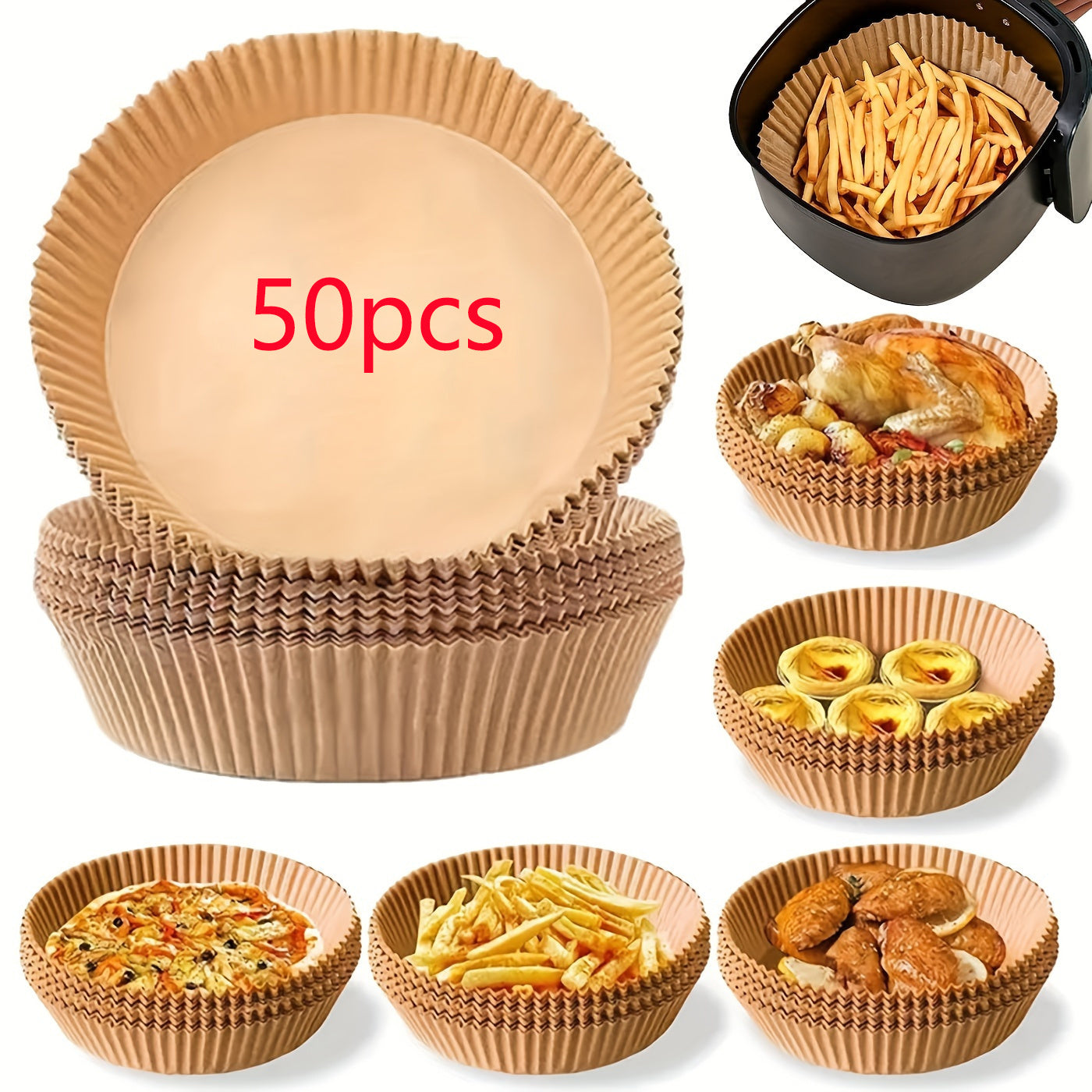 50 non-stick air fryer liners included in pack, each measuring 20.07cm round. These disposable parchment papers are designed for 5-8 quart baskets, unbleached and oil-resistant for easy cleaning and healthier cooking. Made with faux leather paper.