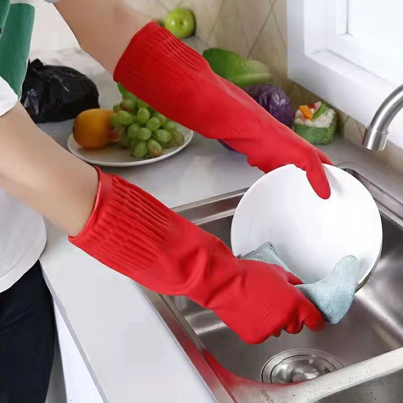 Two pieces of high-quality waterproof dishwashing gloves made with extra thick PVC latex for ultimate grip protection. These gloves are durable cleaning assistants that are ambidextrous and can be hand washed. They are lead-free and suitable for use in