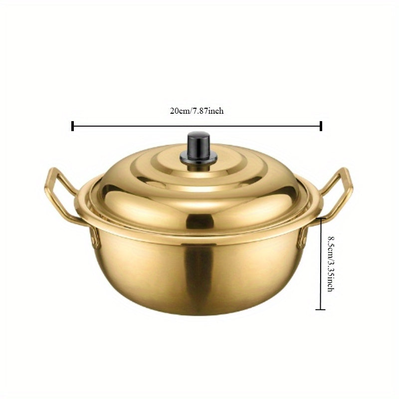 Korean Stainless Steel Cookware Set - Binaural Ramen Noodle Pots with Lids, Golden Soup Pots for Home Cooking