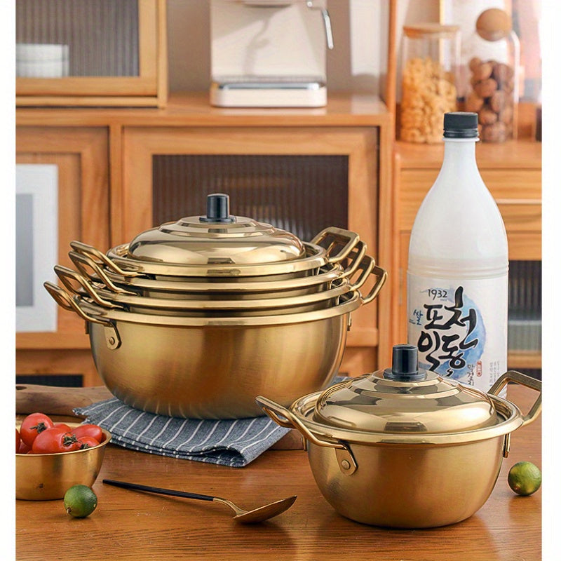 Korean Stainless Steel Cookware Set - Binaural Ramen Noodle Pots with Lids, Golden Soup Pots for Home Cooking