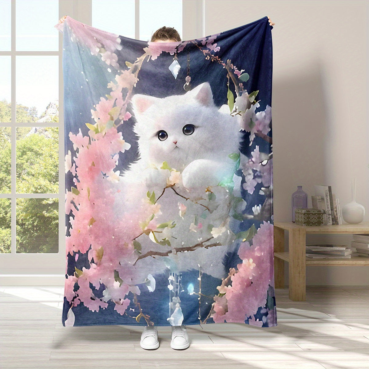 Whimsical Cat Floral Flannel Blanket - Soft, Cozy, Lightweight, and Warm - Ideal for All Ages and Cartoon Enthusiasts - Perfect for Boys, Girls, Daughters, Girlfriends, and Adults Looking for a Plush All-Season Blanket