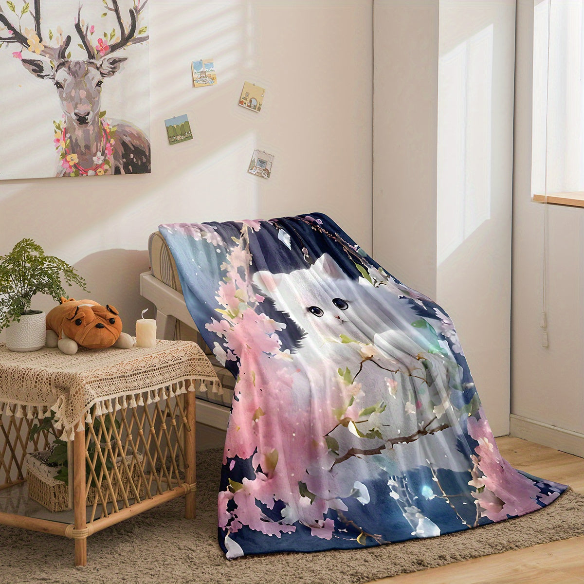 Whimsical Cat Floral Flannel Blanket - Soft, Cozy, Lightweight, and Warm - Ideal for All Ages and Cartoon Enthusiasts - Perfect for Boys, Girls, Daughters, Girlfriends, and Adults Looking for a Plush All-Season Blanket