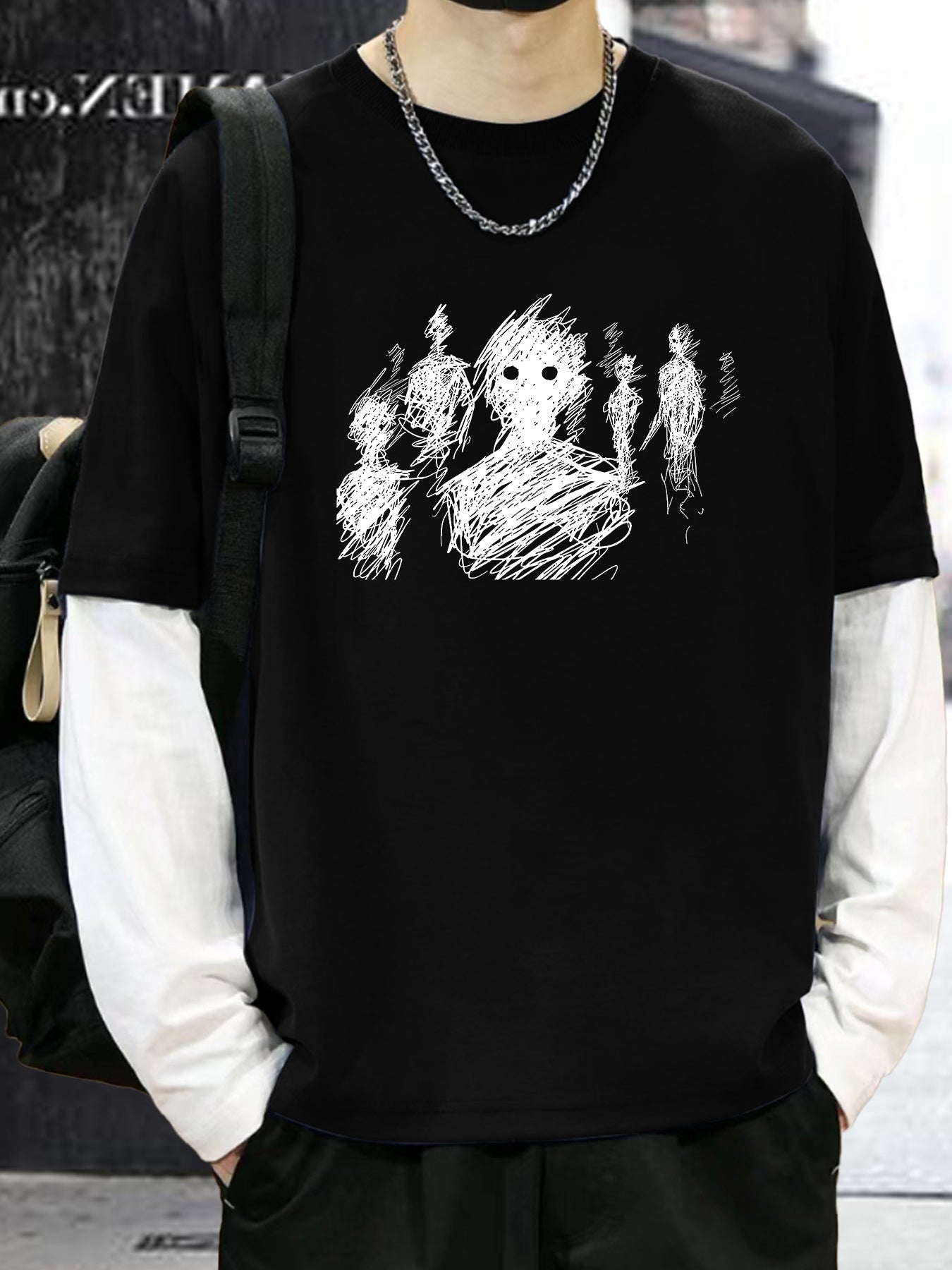 Men's loose fit black long-sleeve t-shirt with unique line art print, round neck, machine washable. Perfect for casual attire and comfortable outerwear. Modern casual style in stretchy